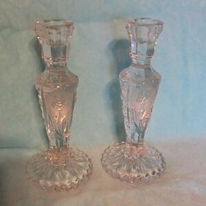 Elegant Crystal Candle Holders Set Of 2 Heavy Crystal Etched Glass